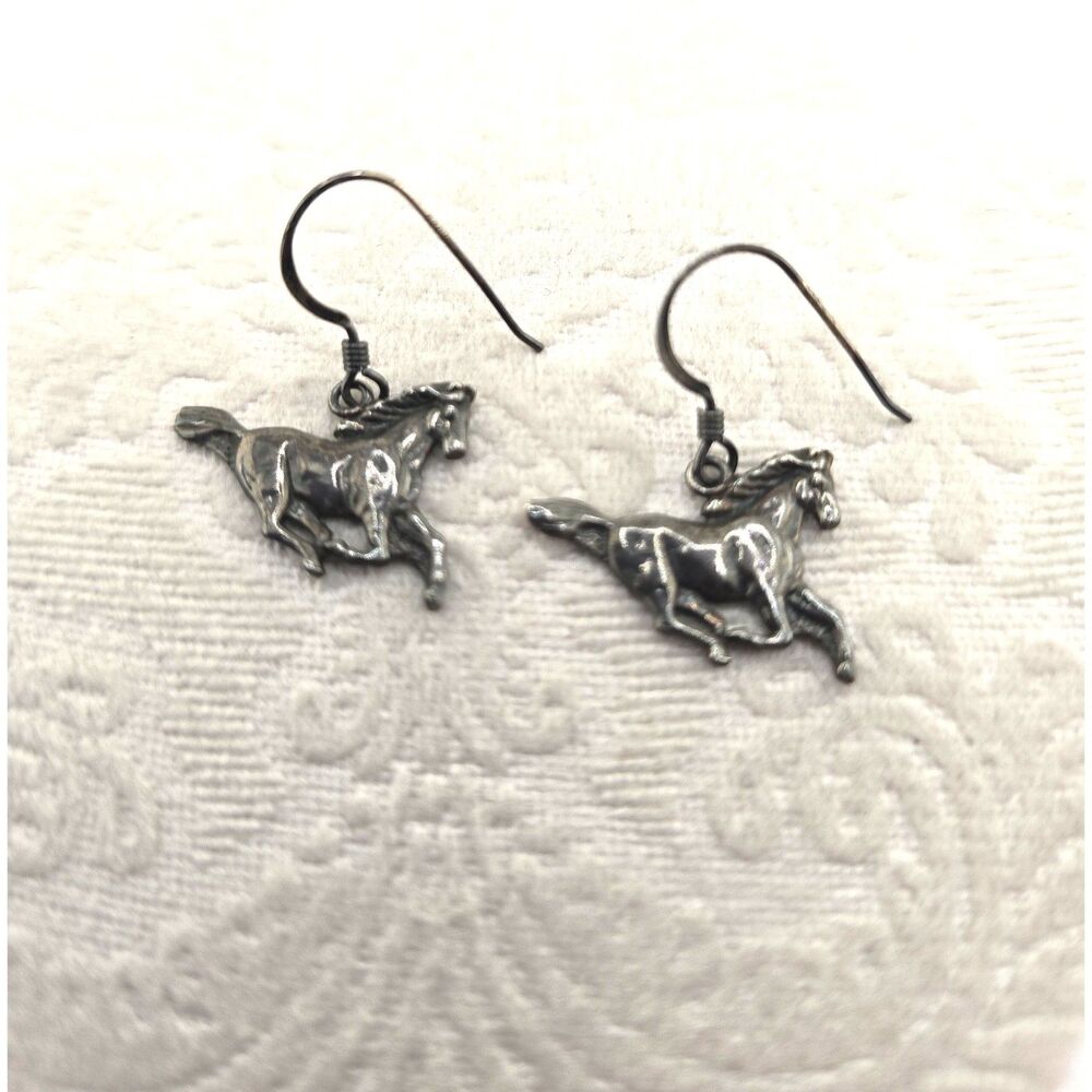 Vintage G&S Sterling Silver Running Horse Dangle Earrings 925 Equestrian 1996